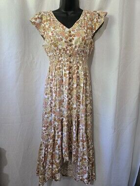 Button-Front Floral Maxi Dress — White with Rust & Cream Floral
